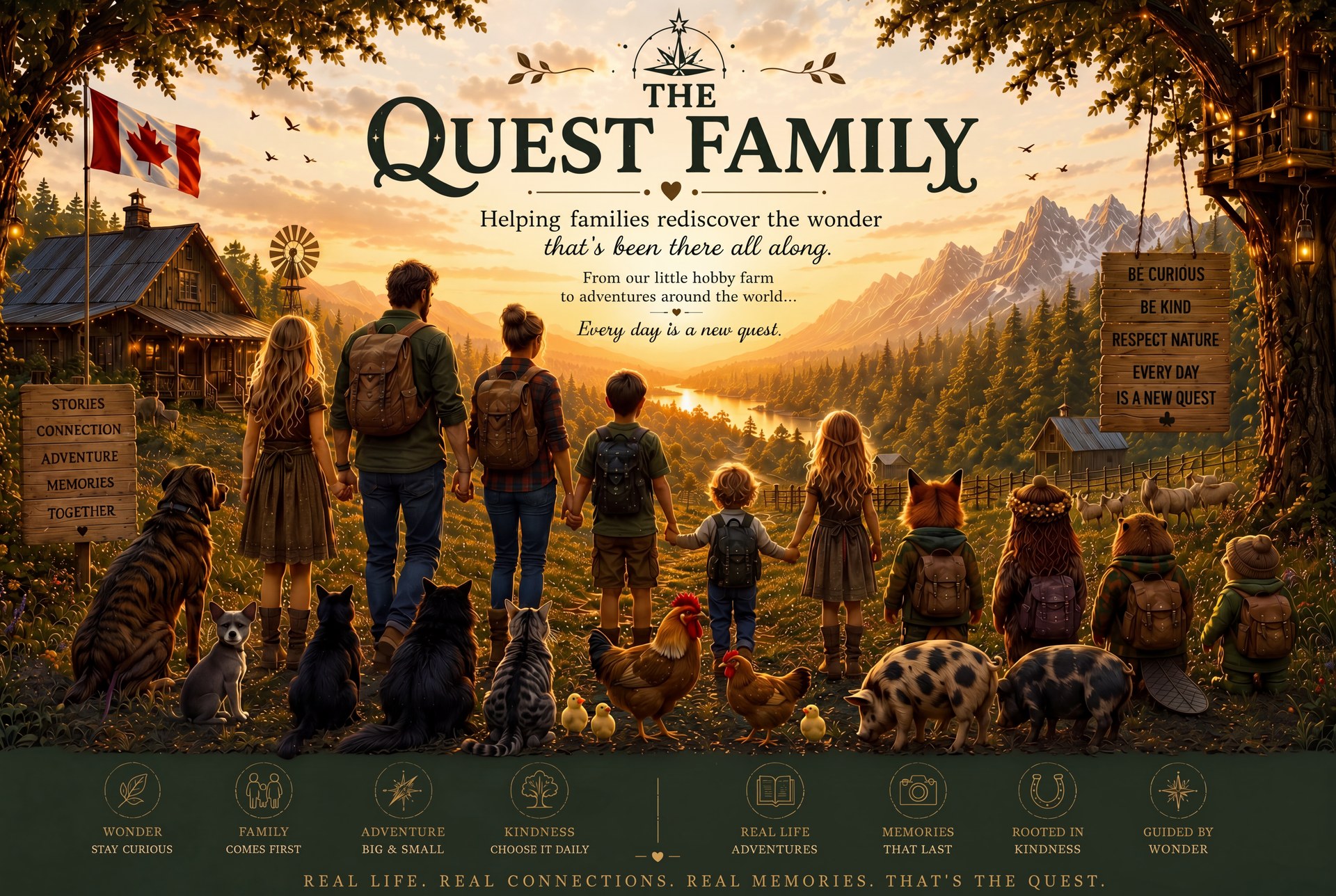 The Quest Family — a family and their storybook animal guides walk hand-in-hand toward a golden Canadian wilderness sunset, with mountains, forest, and a homestead behind them. Signs read: Helping families rediscover the wonder that's been there all along.